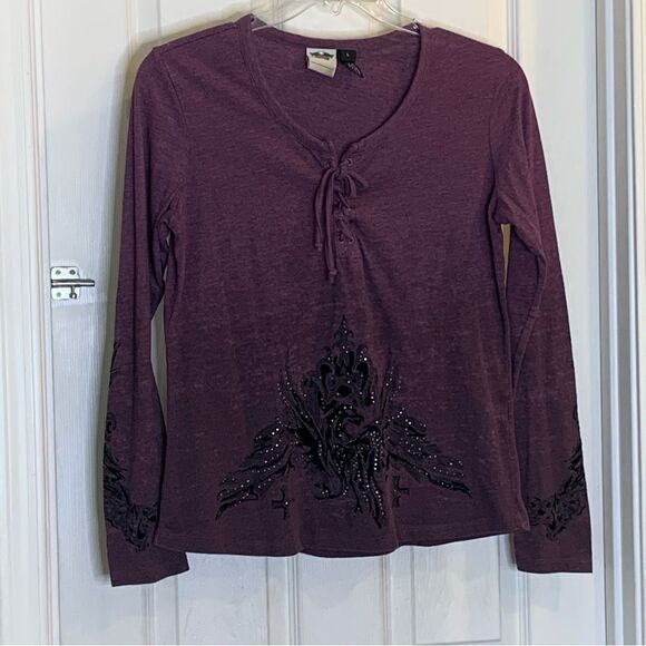 Harley Davidson Purple Embellished Long Sleeve Top Tie Front Size Large - Picture 3 of 10